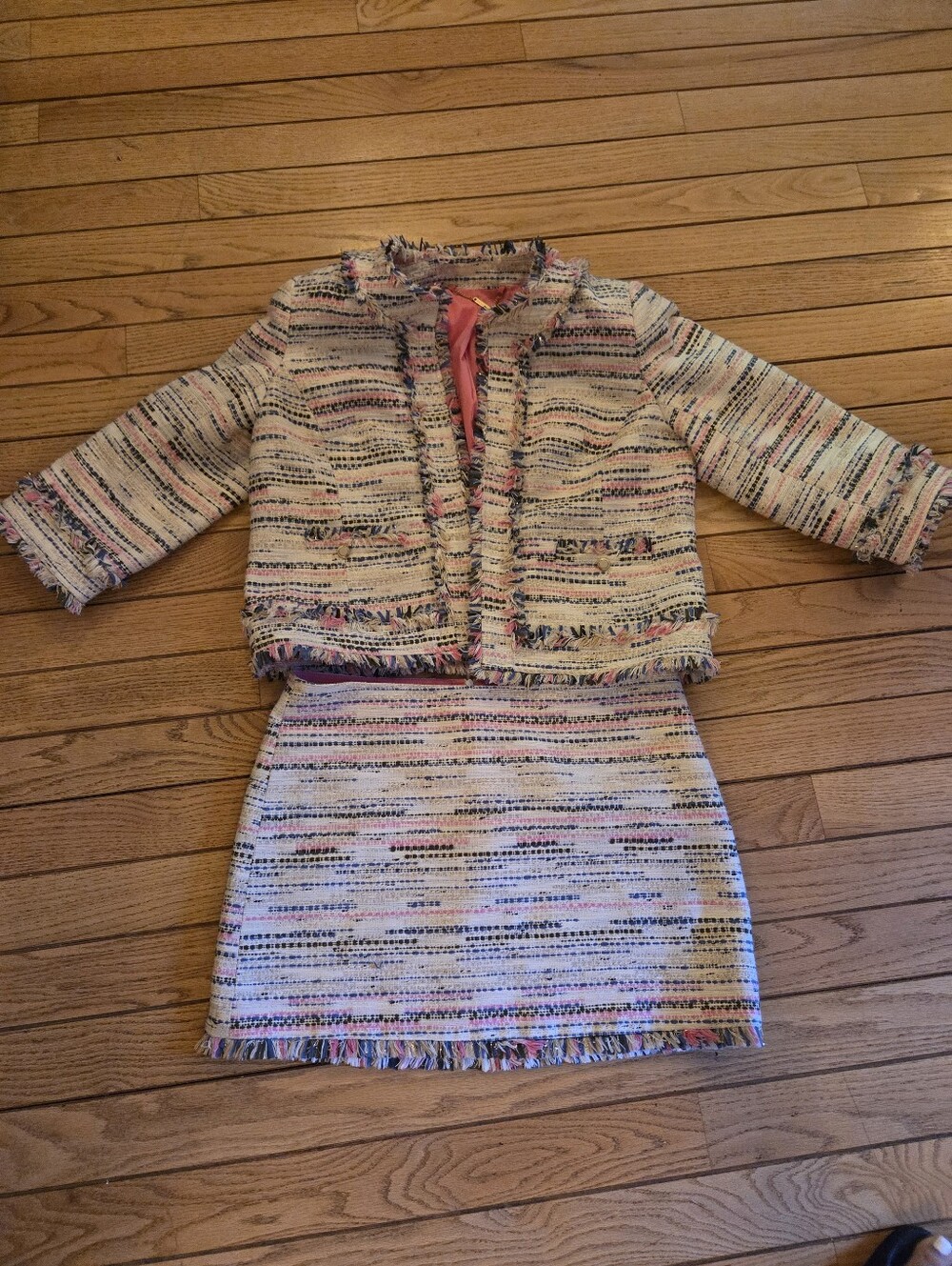 Trina Turk Pepper Tree Pink Lined Tweed Jacket with Fringe Trim- SIZE 14